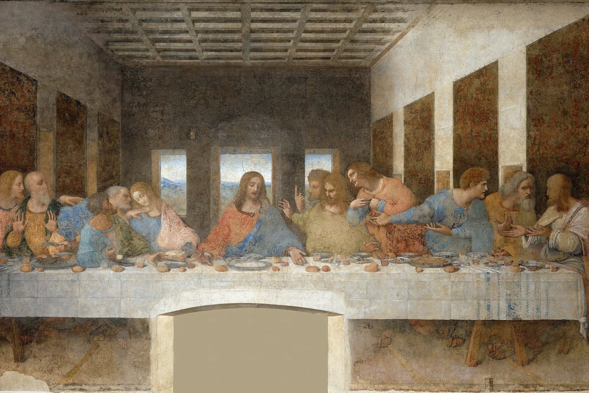 Leonardo da Vinci's Last Supper (1495–1498) — Christ and the twelve apostles along the long table in the refectory of Santa Maria delle Grazie, Milan
